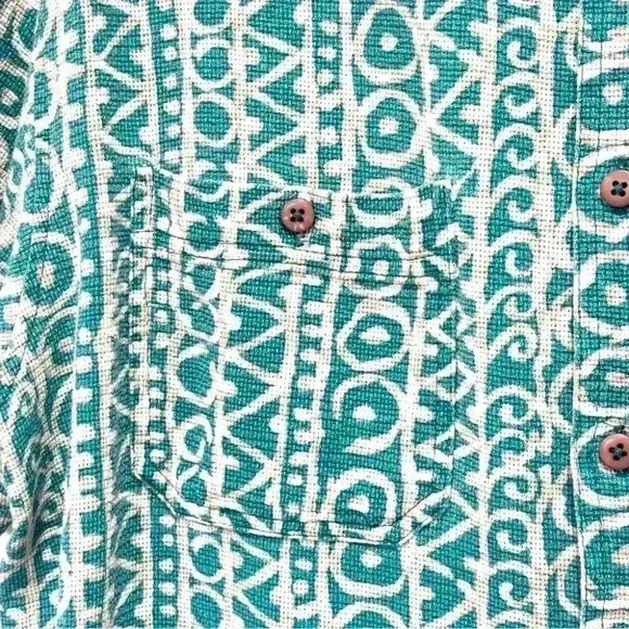 Vintage LL Bean Teal Cream Geometric Pattern Short Sleeve Button Down Shirt L - Picture 3 of 7